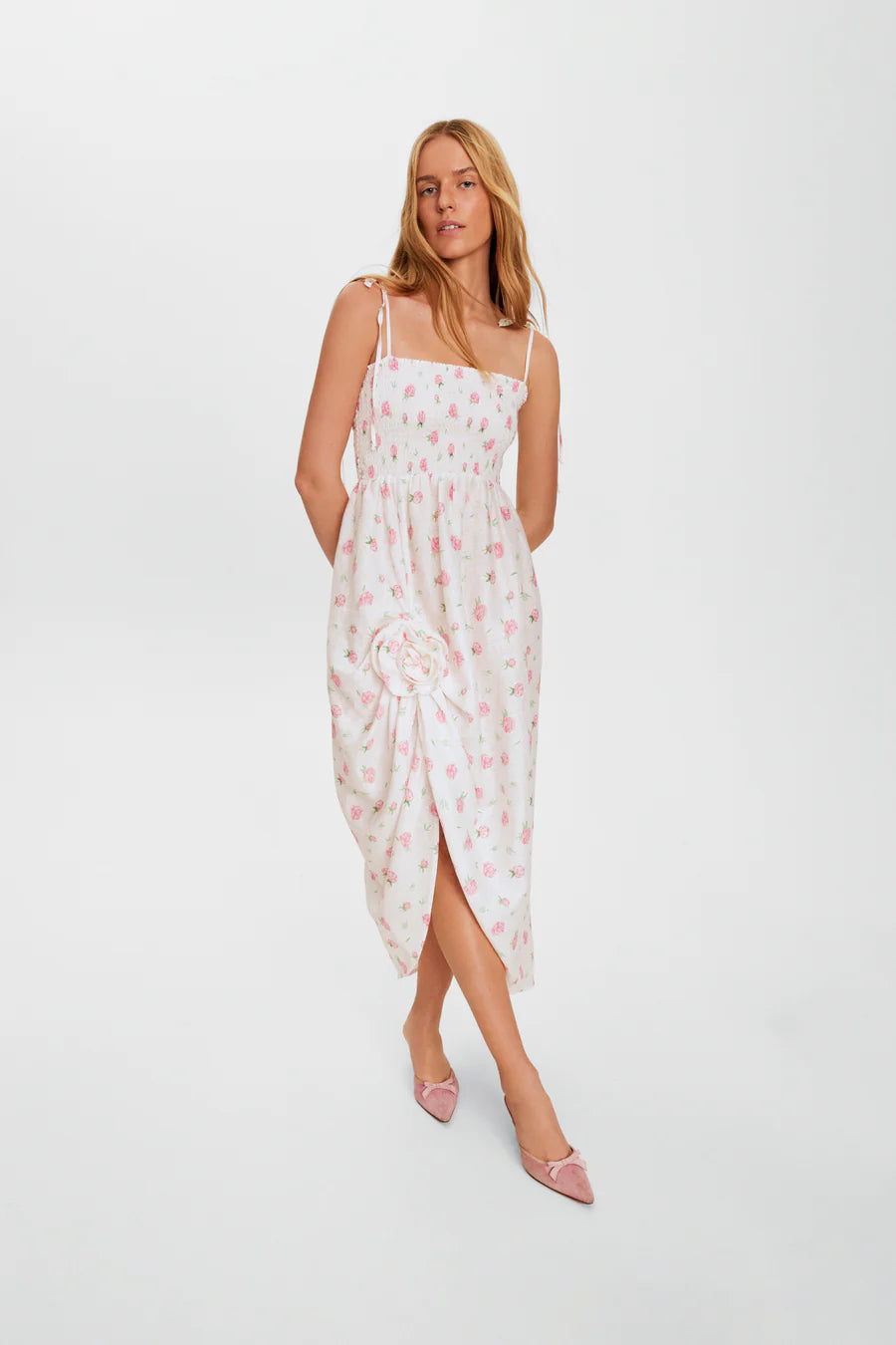Atlanta Linen Strap Dress with Rose Detail