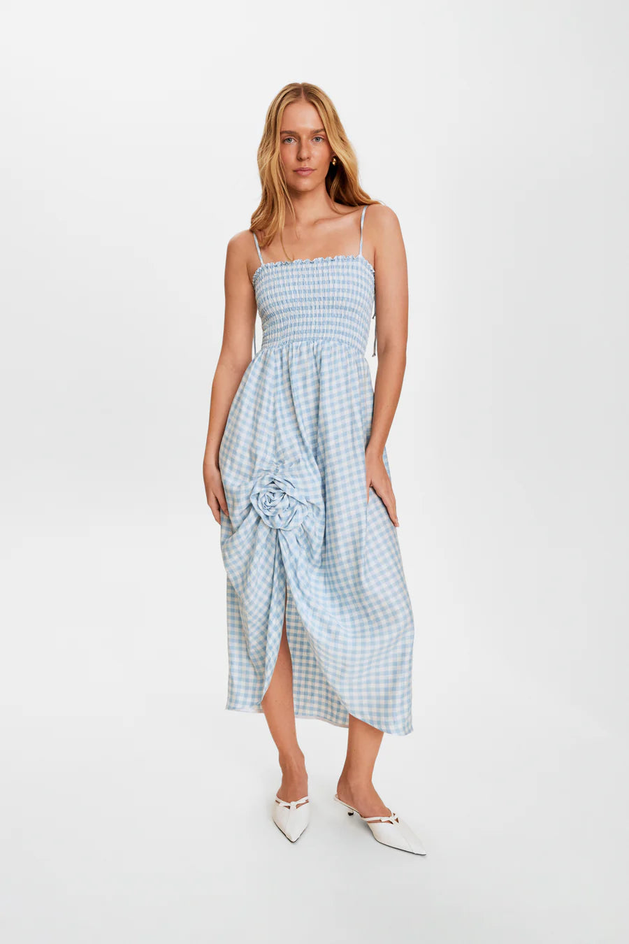 Atlanta Linen Strap Dress with Rose Detail