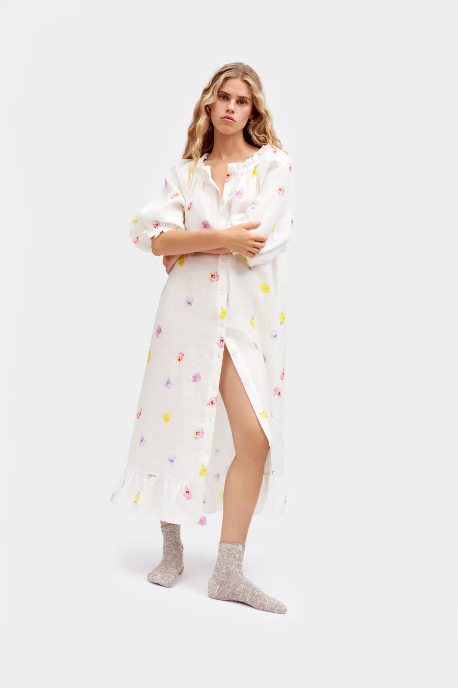Loungewear Linen Midi Dress in Pansies