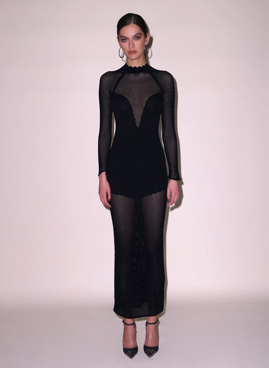 Knit Mesh Long Sleeve Maxi Dress