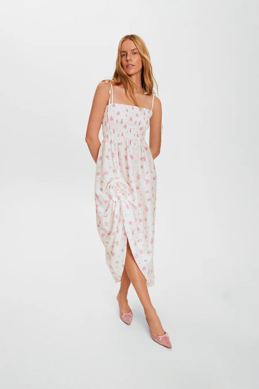 Atlanta Linen Strap Dress with Rose Detail in Roses